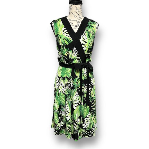 White House Black Market 10 Reversible Wrap Dress Green Palms Black Print V-Neck - Picture 1 of 9